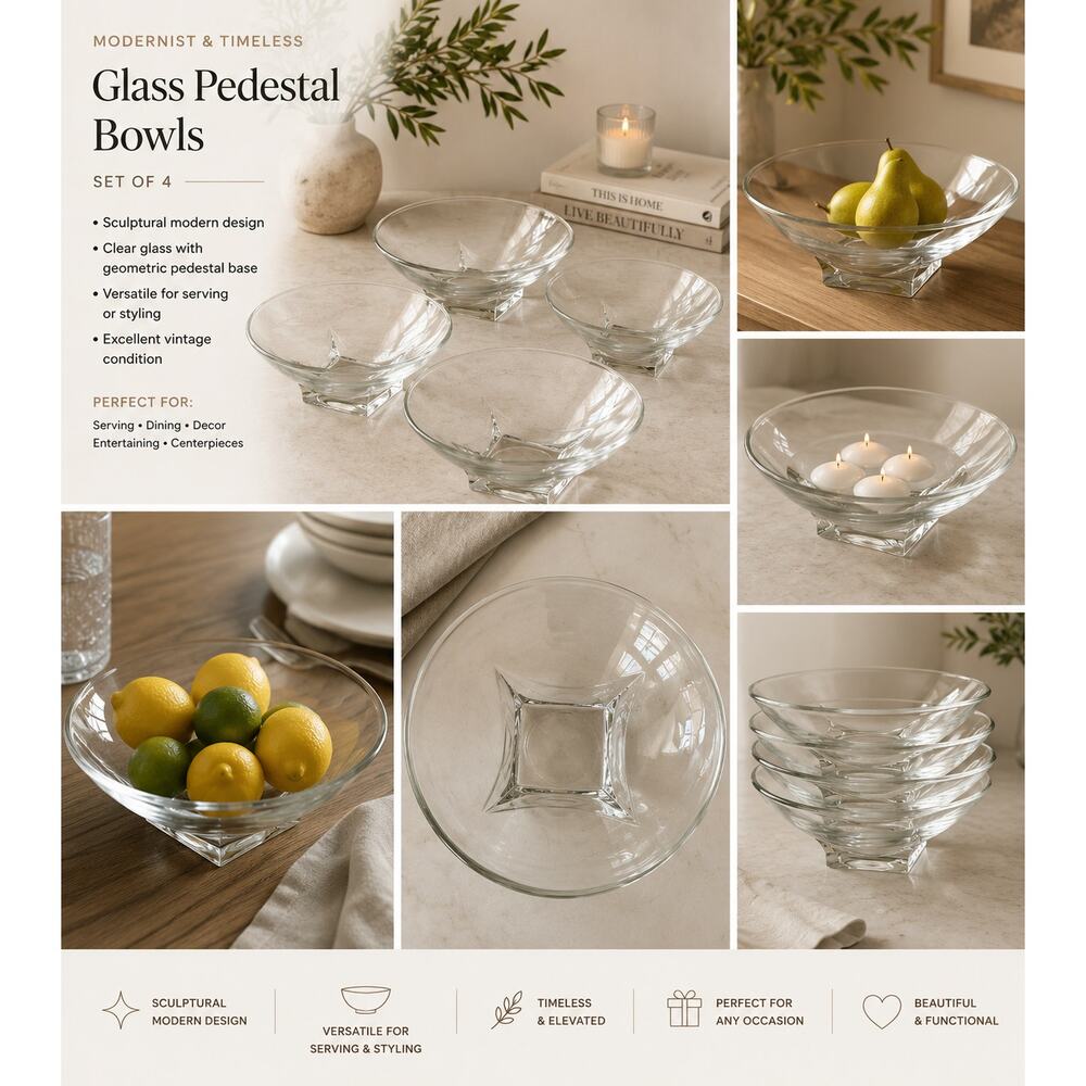 Modernist Clear Glass Pedestal Serving Bowl Minimal Sculptural Centerpiece ✨‎
